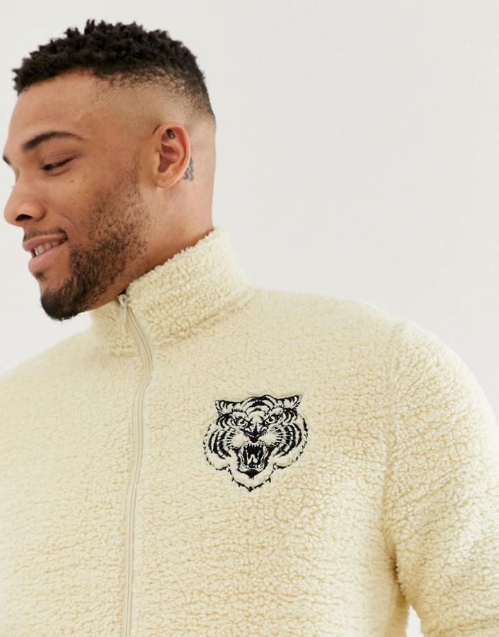 Asos Design Borg Track Jacket With Tiger Embrodiery - White