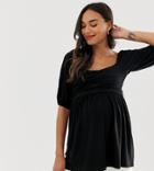 Asos Design Maternity Ruched Smock Top With Sweetheart Neck-black