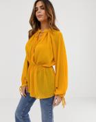 Asos Design Long Sleeve Smock Top In Dobby - Orange