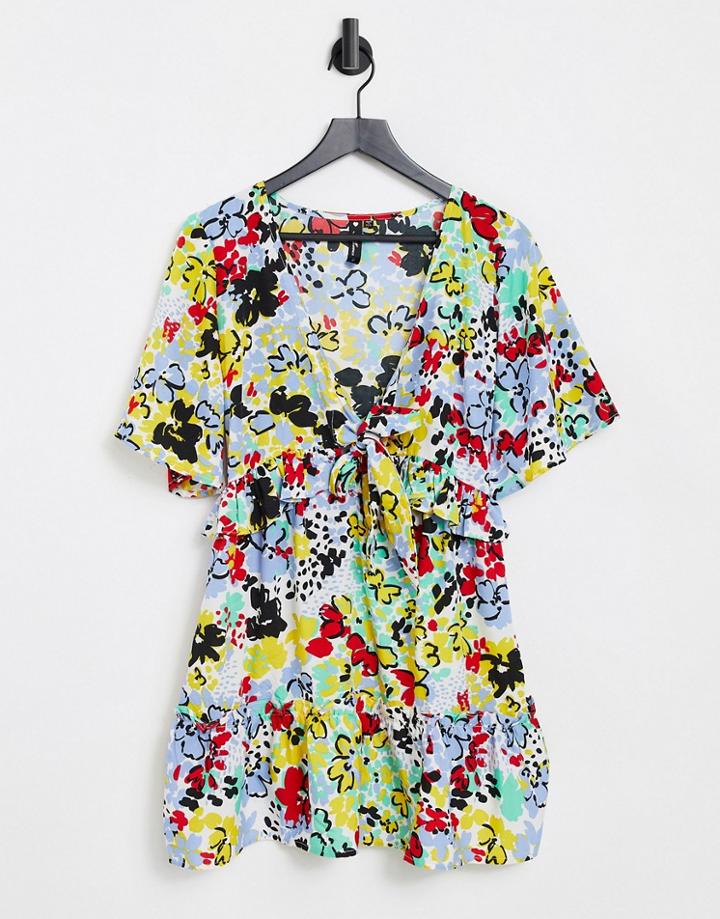 Influence Tie Front Tiered Mini Dress In Bold Floral Print-multi