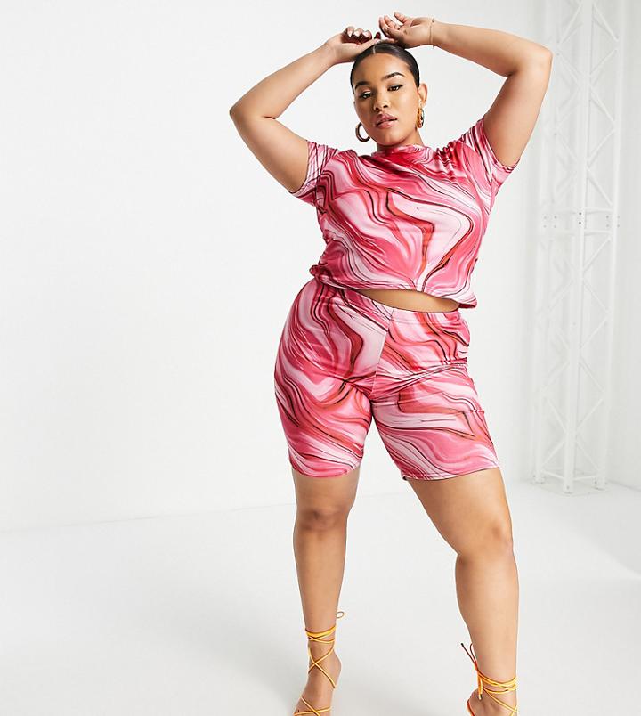 Public Desire Curve Double Layer Slinky Legging Short In Pink Swirl