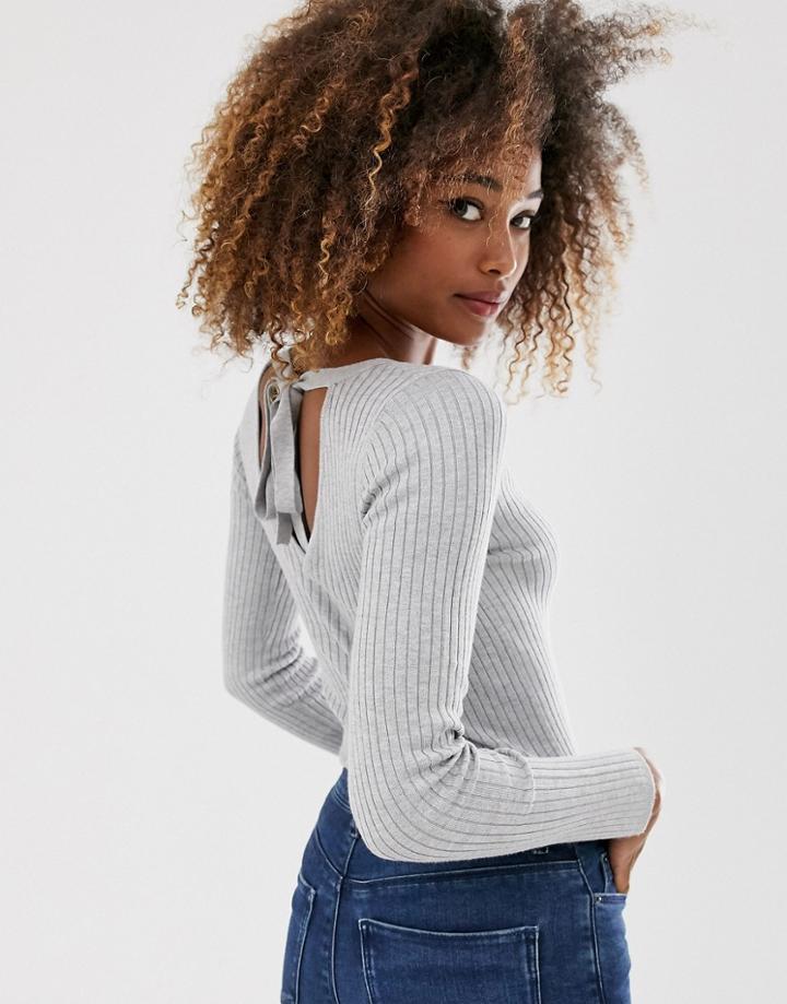 Stradivarius Back Bow Ribbed Sweater In Gray