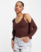 Miss Selfridge Two-piece Ribbed Cardigan And Cami Set In Chocolate-multi
