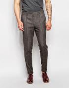 Asos Slim Smart Trousers With Drawstring Waist In Brown Tweed - Brown