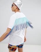 Asos Design Festival Relaxed Longline T-shirt With Rainbow Fringe Back - White