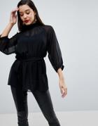 Asos Sheer Belted Blouse Wth Open Back - Black