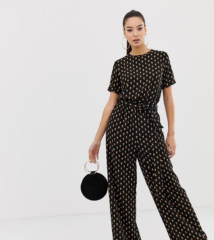Missguided Belted Wide Leg Jumpsuit In Black Spot - Multi