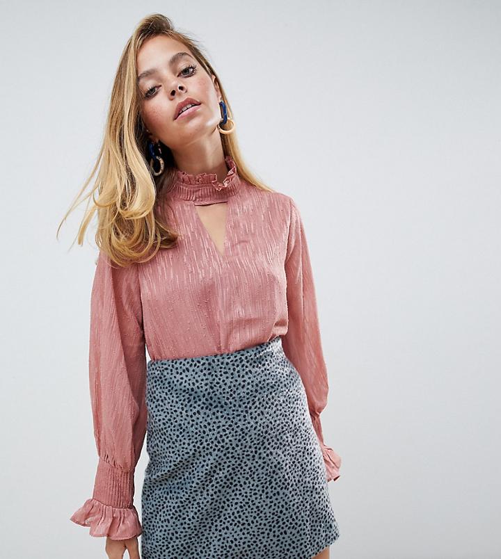 Lost Ink Petite High Neck Blouse With Gathered Cuffs - Pink