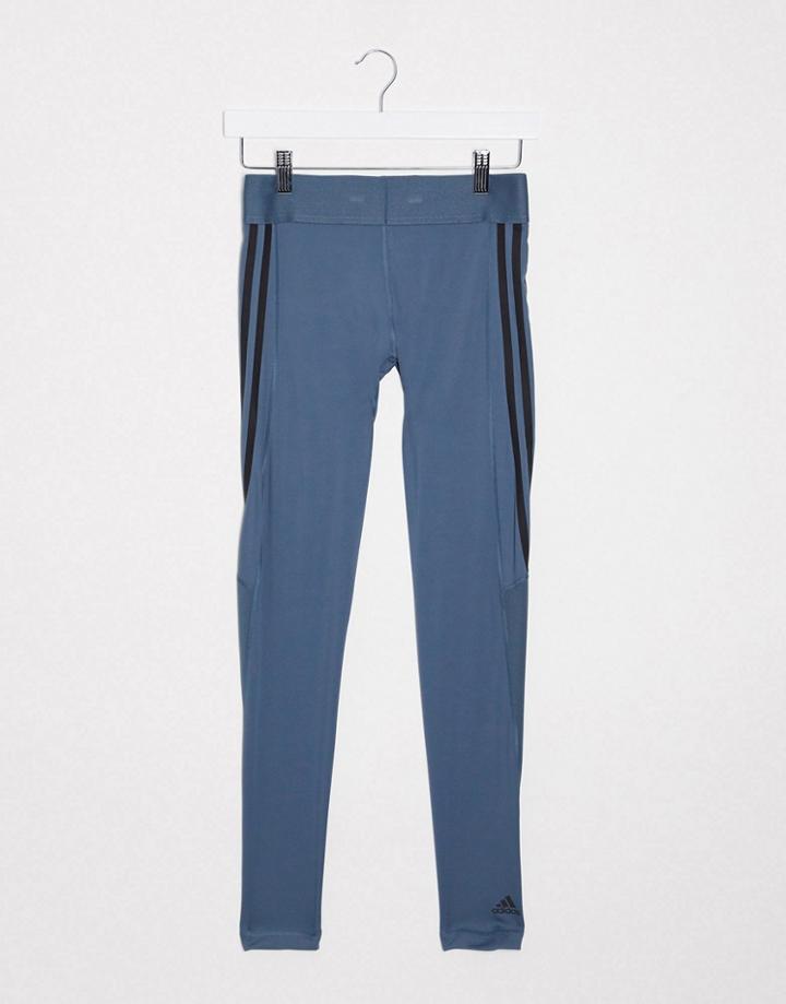 Adidas Training Three Stripe Leggings In Blue