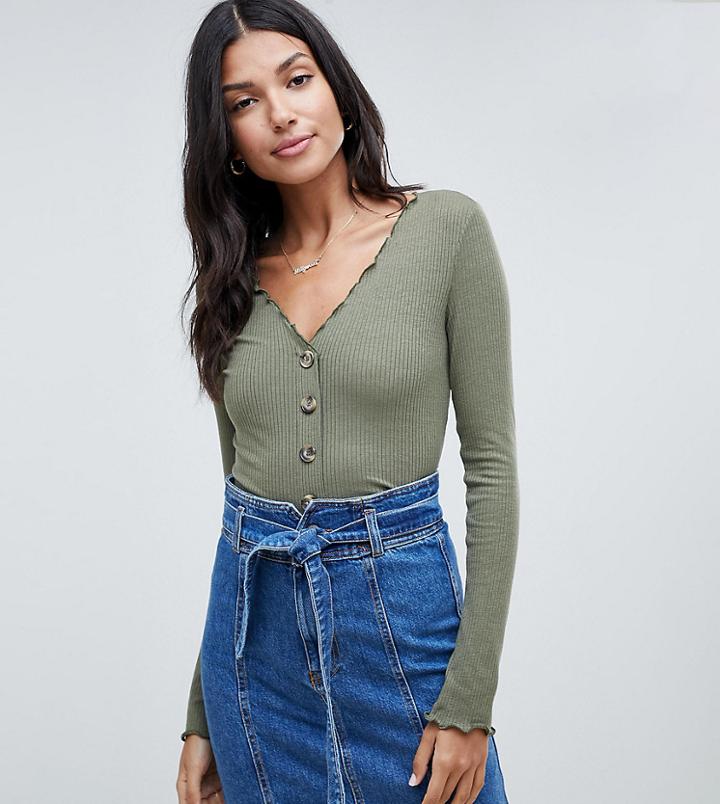 Asos Design Tall V Neck Top In Rib With Button Front And Long Sleeve - Green