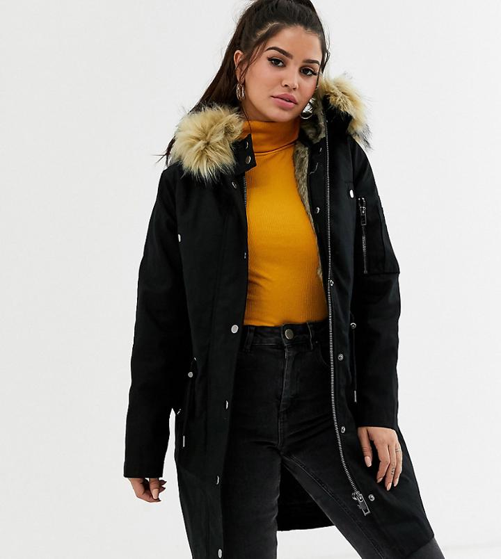 Asos Design Petite Parka With Detachable Faux Fur Liner-black
