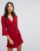 Outrageous Fortune Ruffle Wrap Dress With Fluted Sleeve - Red