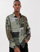 Asos Design Regular Fit Shirt In Mix & Match Print In Satin-green
