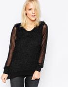 Minimum Fluffy Sweater With Sheer Sleeves - Black