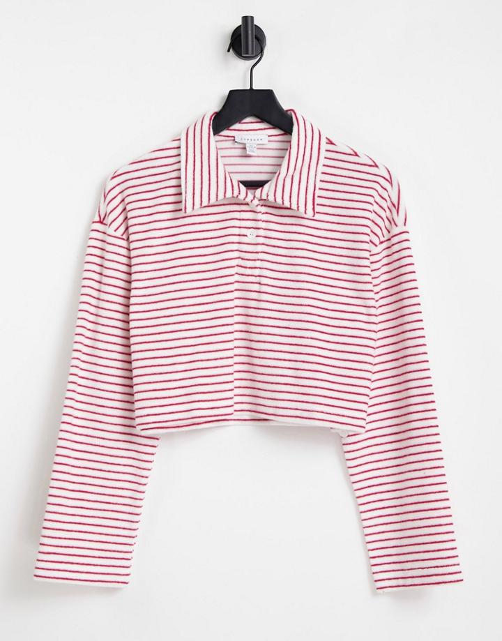 Topshop Stripe Button Up Polo In Red And White-multi