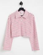 Topshop Stripe Button Up Polo In Red And White-multi