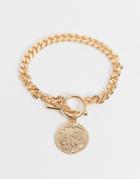 Asos Design Bracelet With Coin T Bar In Gold Tone
