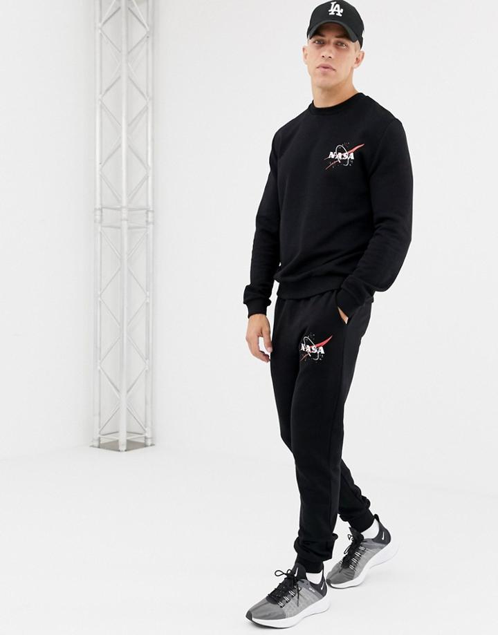 Asos Design Sweatshirt/skinny Joggers With Nasa Print In Black - Black