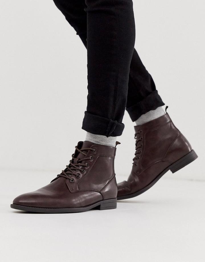 Asos Design Vegan Lace Up Boots In Brown Faux Leather