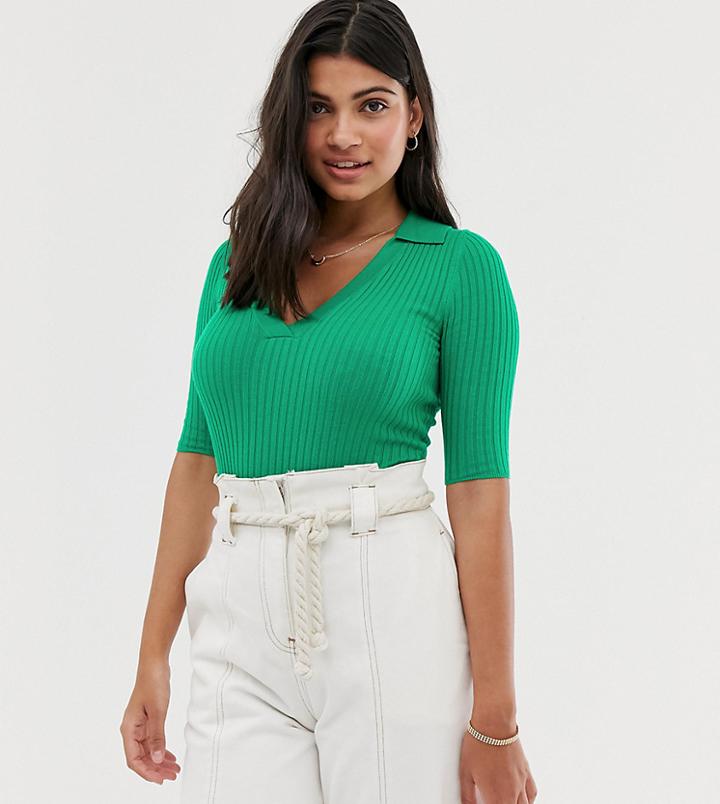Miss Selfridge V Neck Top With Collar In Green