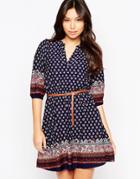 Yumi Belted Dress With 3/4 Sleeves In Border Print - Navy