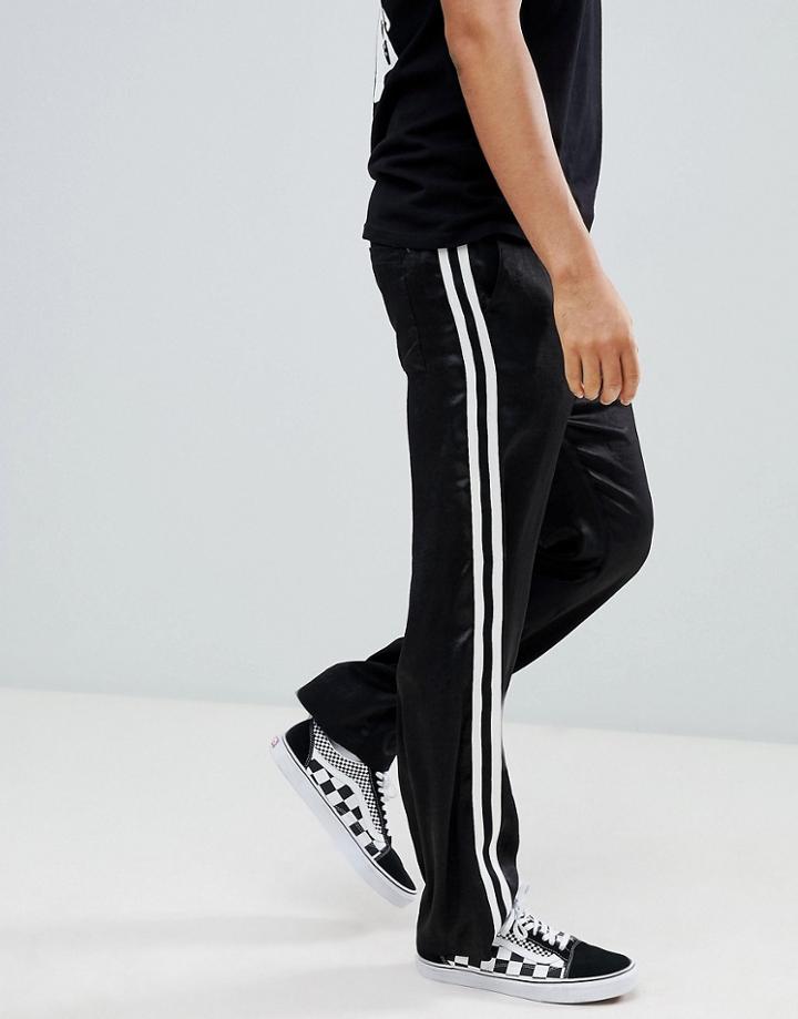 Asos Design Skater Pants In Black Satin With Side Tape - Black