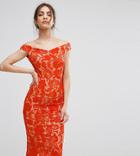Boohoo Lace Off The Shoulder Midi Pencil Dress - Red