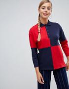 Monki Long-sleeved Polo Shirt In Navy And Red - Multi