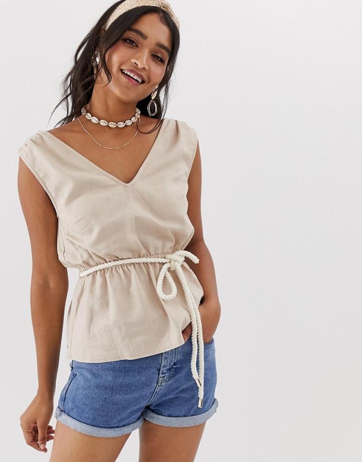 Asos Design Linen Sleeveless Top With Belt Detail-stone