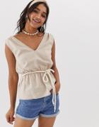 Asos Design Linen Sleeveless Top With Belt Detail-stone
