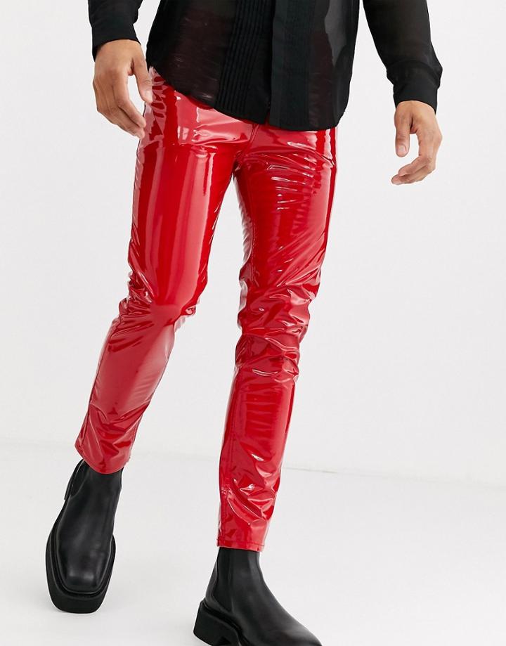Asos Design Cropped Skinny Leather Look Jeans In Red
