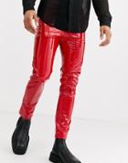 Asos Design Cropped Skinny Leather Look Jeans In Red