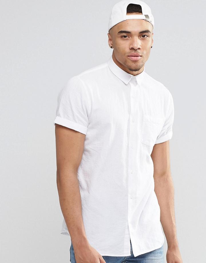 New Look Striped Seersucker Shirt In White In Regular Fit - White