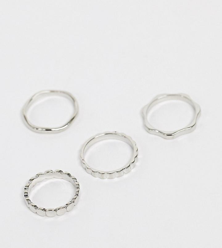 Asos Design Curve Pack Of 4 Rings In Mixed Texture Designs In Silver Tone - Silver