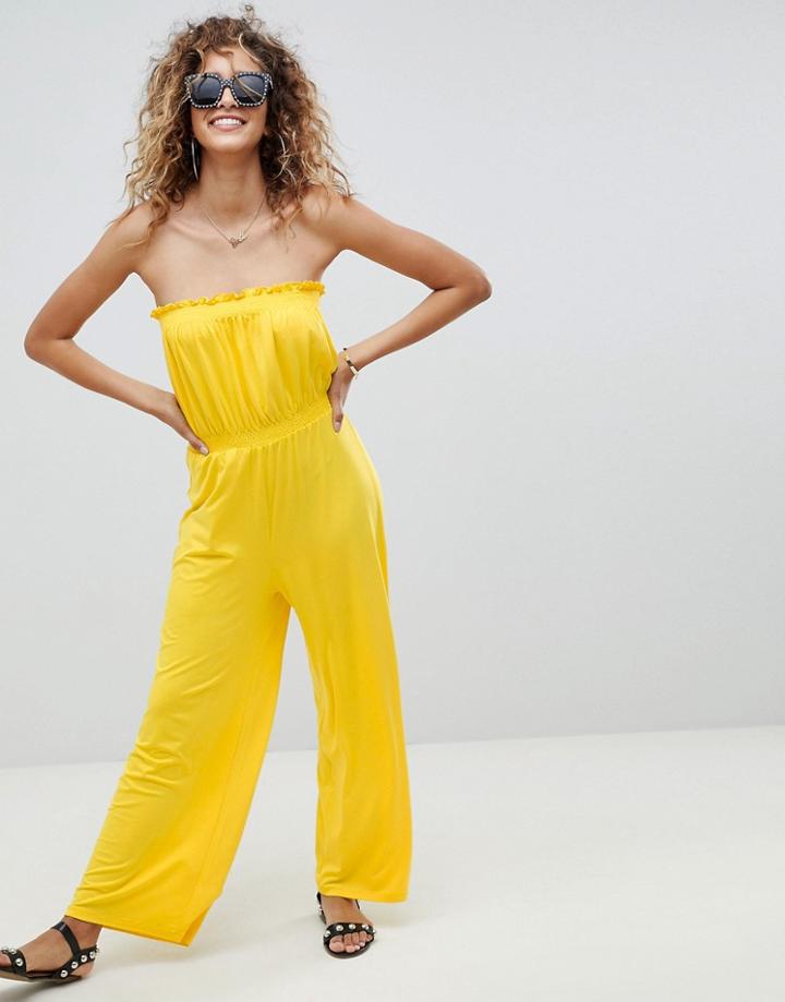 Asos Design Bandeau Jersey Jumpsuit With Wide Leg - Yellow