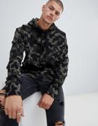 Hugo Dayfun-u Hoodie In Camo Print With Logo Hood In Khaki - Green