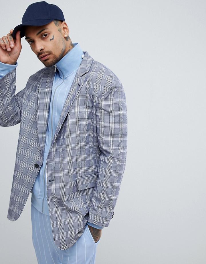 Asos Design Oversized Blazer In Blue Seersucker Check - Blue