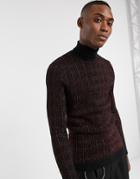 Asos Edition Muscle Fit Sweater In Metallic Red Cable Design And Roll Neck