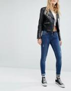 Noisy May Eve Low Rise Super Skinny Jeans With Abrasions - Blue