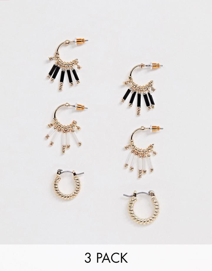Asos Design Pack Of 3 Hoop Earrings With Bead Charms In Gold Tone - Gold