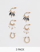 Asos Design Pack Of 3 Hoop Earrings With Bead Charms In Gold Tone - Gold