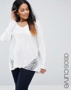 Asos Curve Top With Lace Panels And Long Sleeve In Oversized Fit - Cream