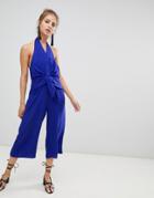 Qed London Halterneck Tie Front Jumpsuit - Blue