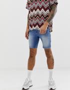 Asos Design Spray On Denim Shorts In Power Stretch Mid Wash - Blue