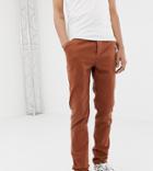 Asos Design Tall Slim Heavyweight Chinos In Washed Brown With Turn Up - Brown