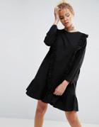 Asos Cotton Smock Dress With Frill Detail - Black