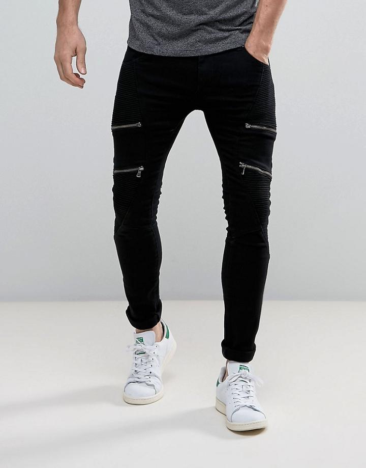Soul Star Skinny Biker Jeans With Multi Zip - Black