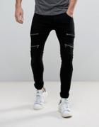 Soul Star Skinny Biker Jeans With Multi Zip - Black
