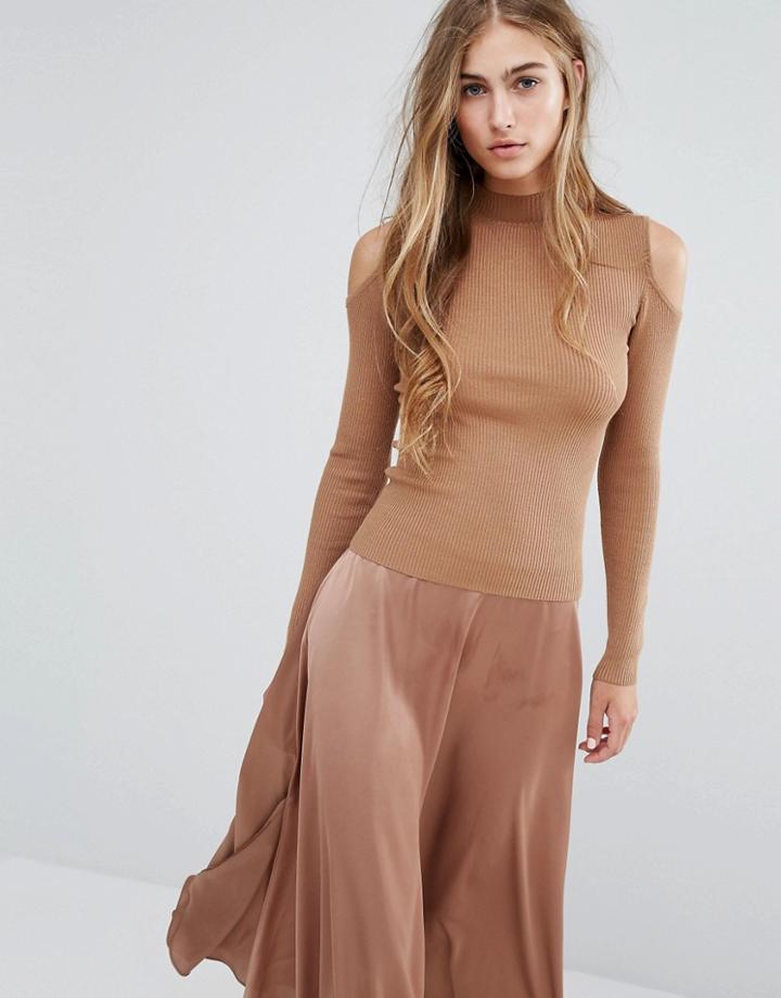 Miss Selfridge Cold Shoulder Rib Sweater - Beige