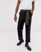 Asos Design Scarf Belt In Black And Gold Baroque Print - Black